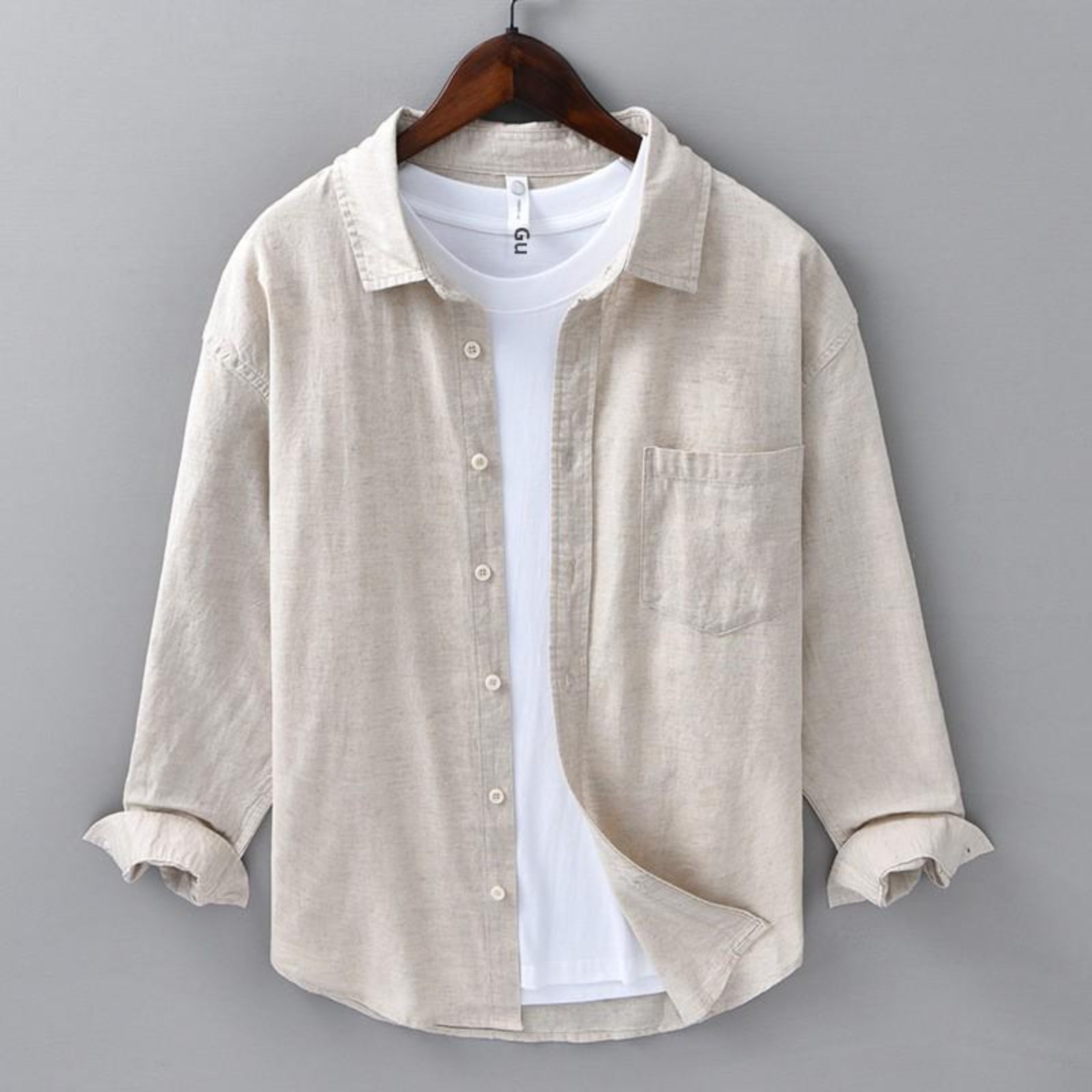 Gray&white Casual Linen Shirt for Men by luxethred - Long Sleeve Spring/Business Literary Style