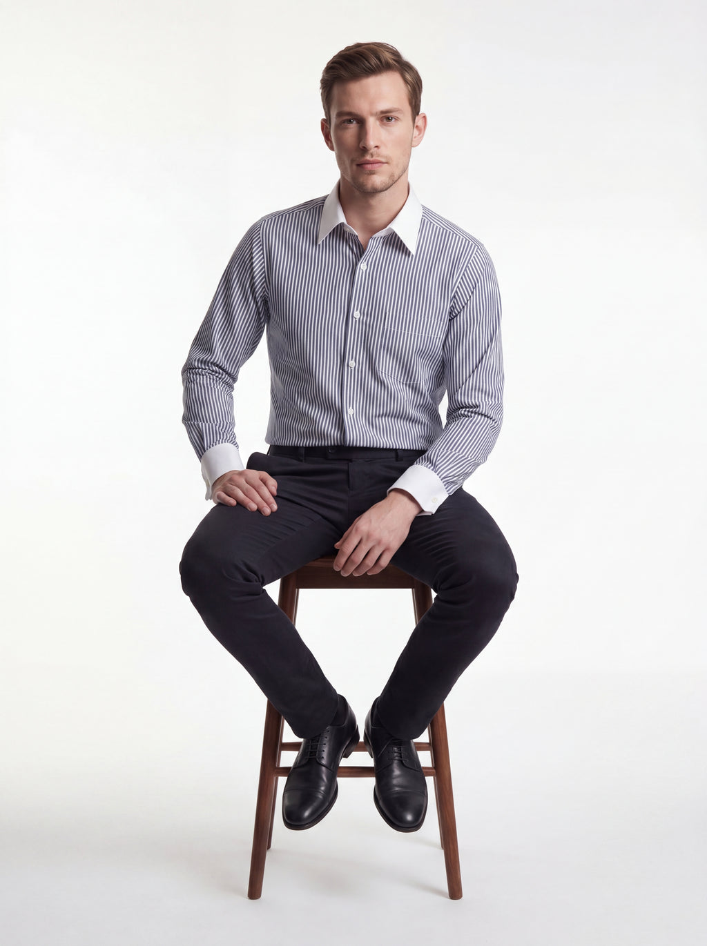 Classic Black and White Stripe Formal Shirt with Pocket - Full Sleeve Style