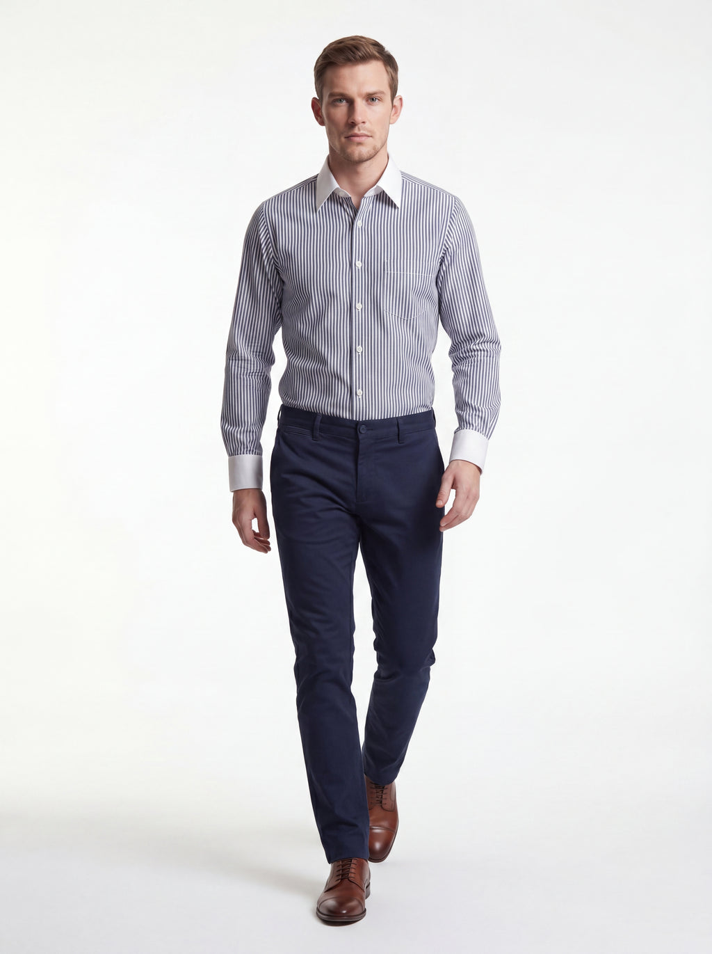 Classic Black and White Stripe Formal Shirt with Pocket - Full Sleeve Style